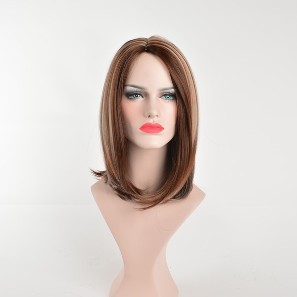 14inch Short Bob Women's Synthetic Wigs Straight Pixie Cut Brown Mix Blonde Color Natural None Lace Hair Wig