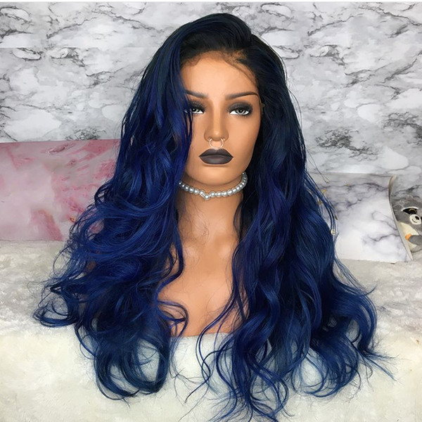 Fashion 180% Density Ombre Blue Wig Black Root Heat Resistant Glueless Lace Front Wig Baby Hair Synthetic Body Wave Wigs For Black Women