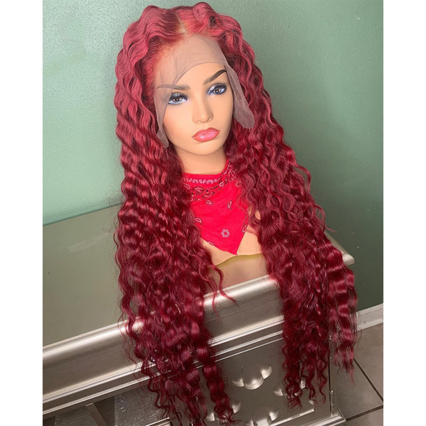 Fashion 180% Density Burgundy Long Kinky Curly Hair Heat Resistant Synthetic Lace Front Wig For Women Natural Hairline African American Wigs