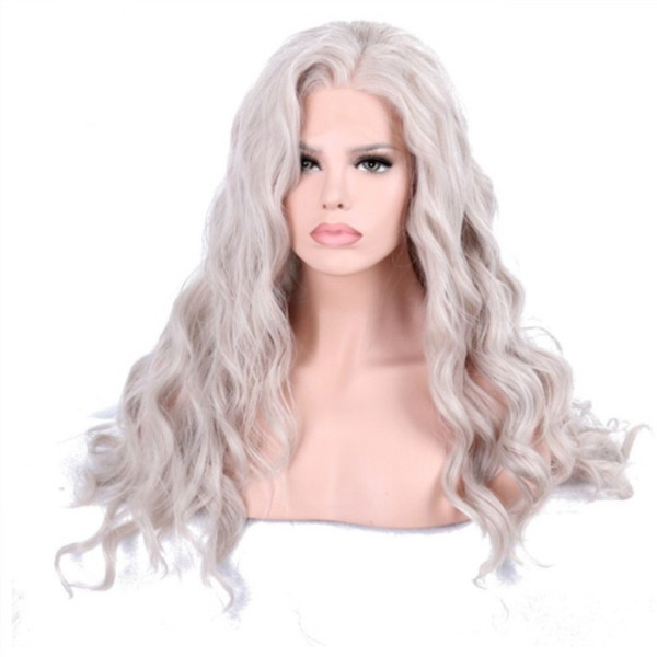 Free Shipping 180% Density Long Gray White Body Wave Wigs Heat Resistant Synthetic Lace Front Wigs for White Women Side Part Cosplay Wig