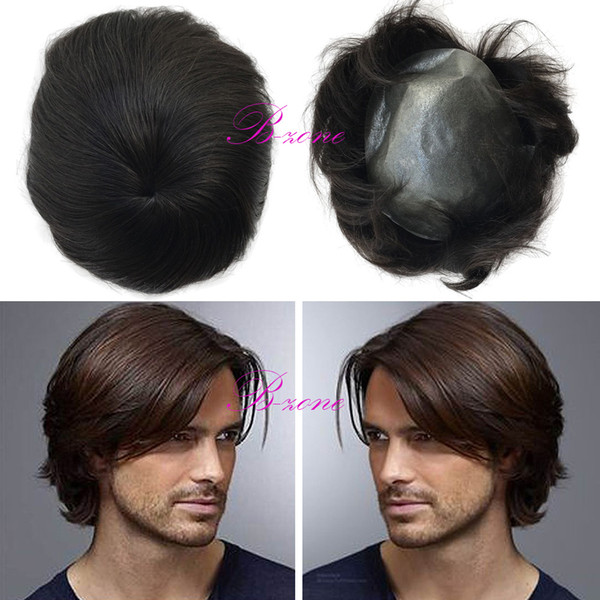 Stock Pu thin skin men toupee virgin human hairpiece replacement system 0.08mm pu v loop natural headline