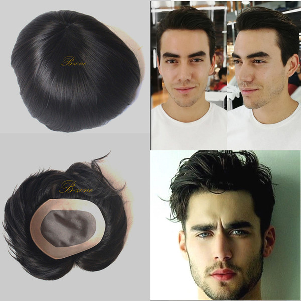 Stock 5x7 men toupee 100% Human hair replacement Mono base with NPU around MenToupee Black Hairpiece hot sale