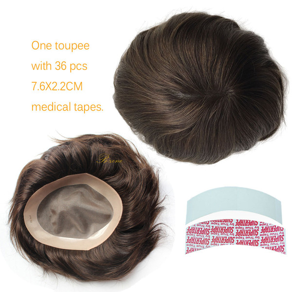 Stock mono base with PU around Mens Toupee Real Human HairPieces for Men replacement system with 36pcs Medical Toupee Tapes 8 x 10