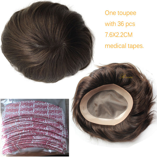 Indian Remy Human hair Mono base with NPU around Men's Wigs Toupee Hairpiece Replacement with 36pcs Medical Toupee Tapes