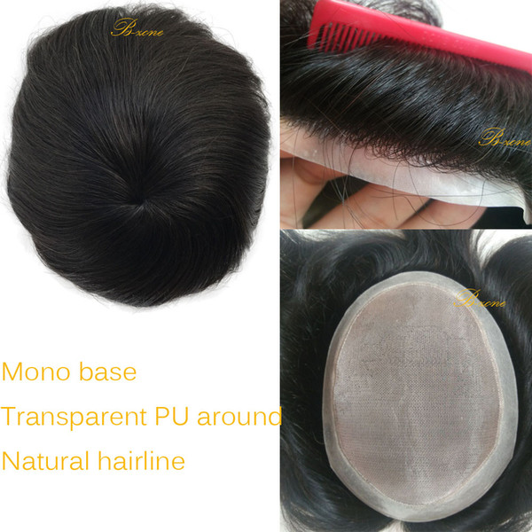 Stock 7x9 Human Hair Toupee for Men Hair Pieces Mens Toupee Mono base with transparent PU around with Hair Replacements System