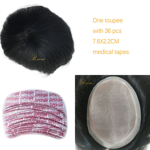 Stock fine mono with transparent PU around hair men toupee hair replacement men toupee with 36pcs Medical Toupee Tapes