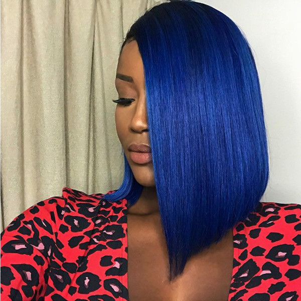 Fashion 2 Tones Black Ombre Blue Short Bob Cosplay Party Wigs Heat Resisitant Glueless Synthetic Lace Front Wig Side Parting Wigs For Women