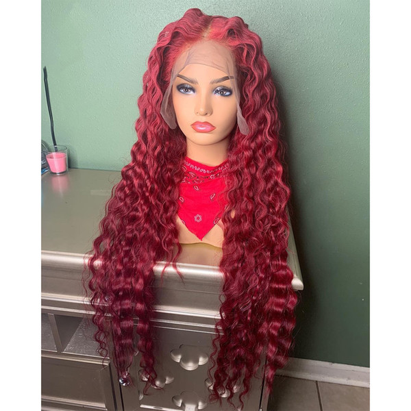 Free Shipping 180% Density Burgundy Long Loose Curly Synthetic Lace Front Wigs for Black Women High Temperature Natural Hairline Fiber Hair