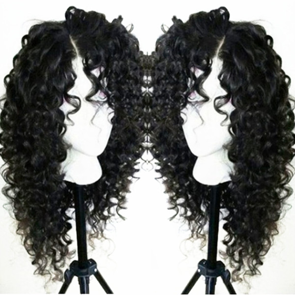 Free Shipping Natural Looking Kinky Curly Hair Side Part Glueless Synthetic Lace Front Wigs for Women 24inch 180% Density Black Hair Color