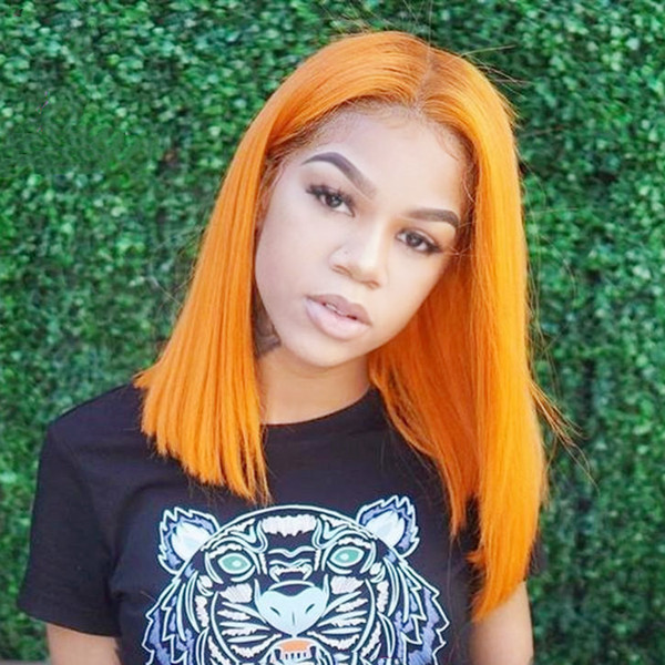 Free Shipping Natural Swiss Lace Front Wigs 14inch Orange Short Bob Wig Heat Resistant Straight Synthetic Cosplay Party Wigs For Black Women