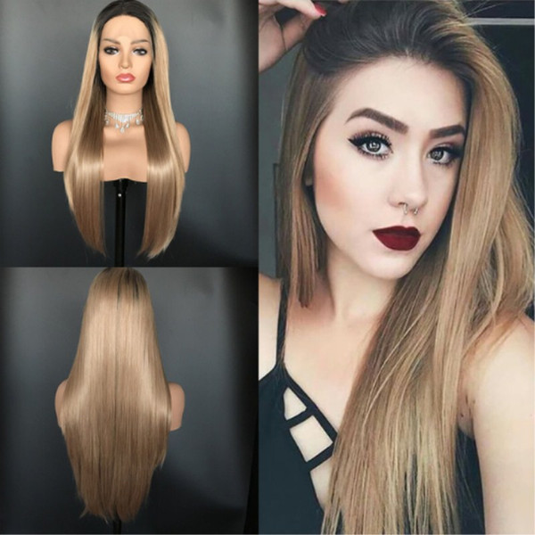 Halloween Wig Natural Long Silky Straight Ombre Ash Blonde Dark Roots High Density Glueless Synthetic Lace Front Wigs for Women Daily Wear