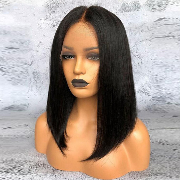 Fast Shipping 14inch Black Short Bob Synthetic Lace Front Wig Baby Hair Natural Hairline High Temperature Hair Middle Part Wigs For Women