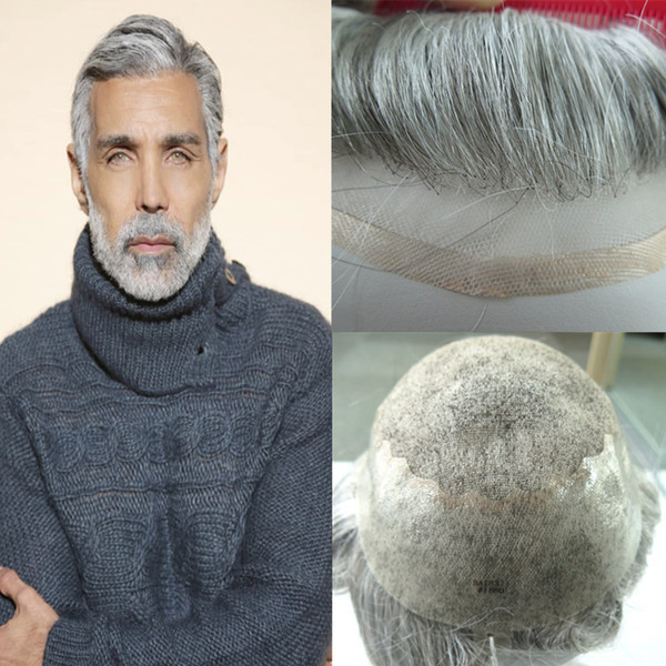 Grey Hair French Lace Toupee For Men Lace Front With Poly Skin Mens Toupee Hairpieces Replacement System Human Hair Men Wig #1B80