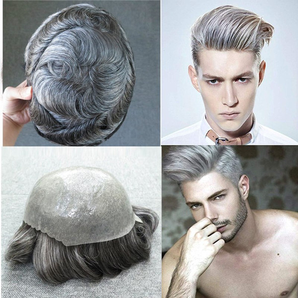 Grey Hair Mens Toupee Light Wave Skin Human Hair Mens Wig Natural Hairline Hair Full Pu Toupee For Men Replacement System