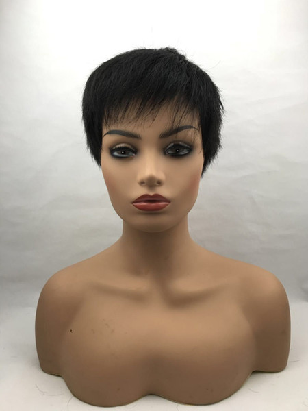 KZX-NAN7 New High Quality Human Hair Natural black Men's Wig Fashion Super Model Short Wig Straight hair inclined bang head Men Style