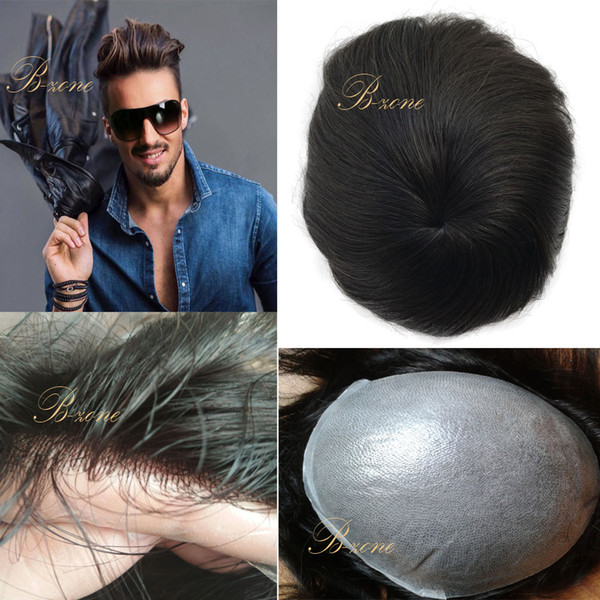 Thin Skin PU base Mens Toupee Indian Hair Super Soft Hair Piece Real Hair