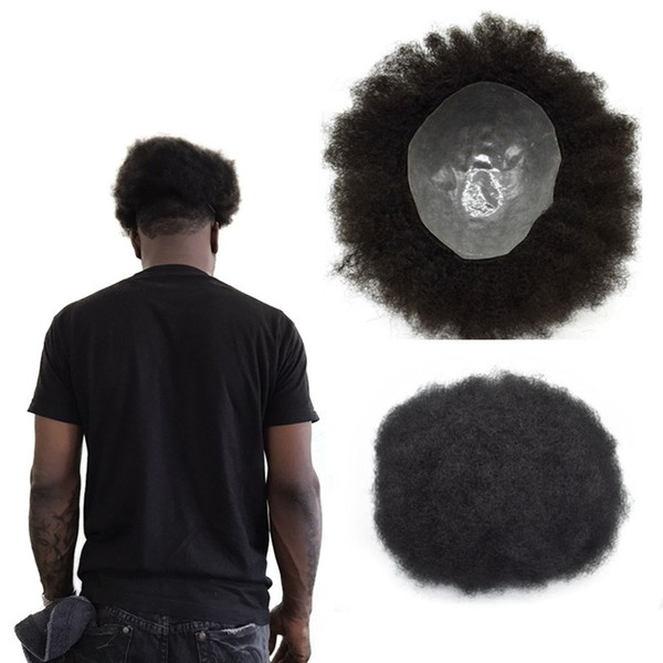 Afro Curly Mens Toupee Full Pu Curly Toupee For Men 8x10 inch Thin Skin Hairpieces Replacement Systems Indian Remy Human Hair Mens Wig