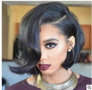 Short Straight Synthetic Side Parting Bob Wigs With Bangs For Black Women Brazilian Hairstyle Natural Heat Resistant Hair