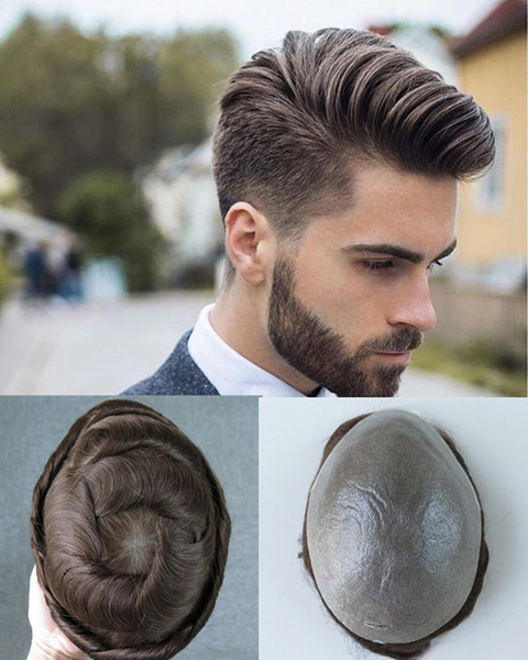 8X10 inch Full Pu Men Toupees Thin Skin Poly Human Hair Men Wigs Indian Hair NG #4 V-knot Hairpieces Replacement System