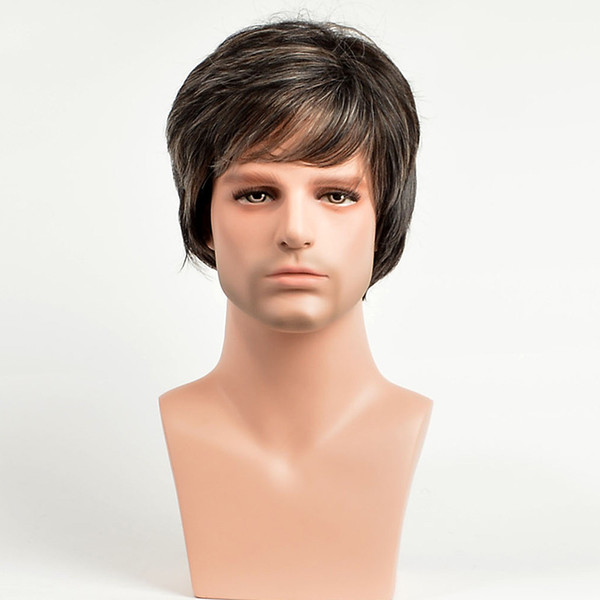 Short Straight Men's Wigs Pixie Cut Natural Brown Color Synthetic Men's Wig Heat Resistant Hairstyle With Bang For Male