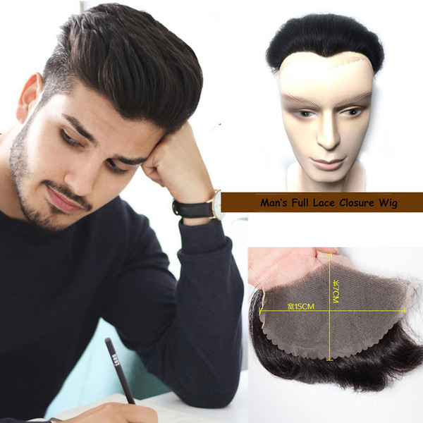 Human Hair Men's Head Replacement Block Closure Toupee Full Lace Wig 15CM x 7CM High Quality Human Hair Men's Wig Toupee Straight Wig