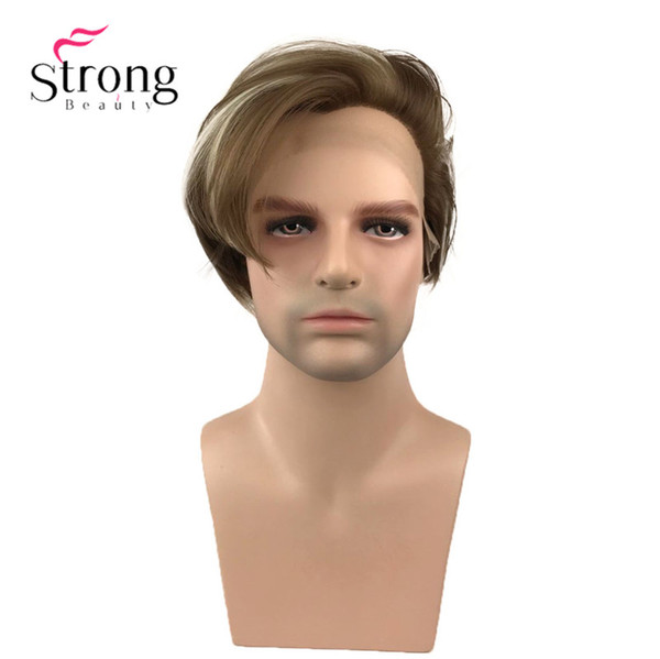 Short Synthetic Lace Front Wig Brown with Highlights Wigs for Man Hair Heat Resistant Fiber