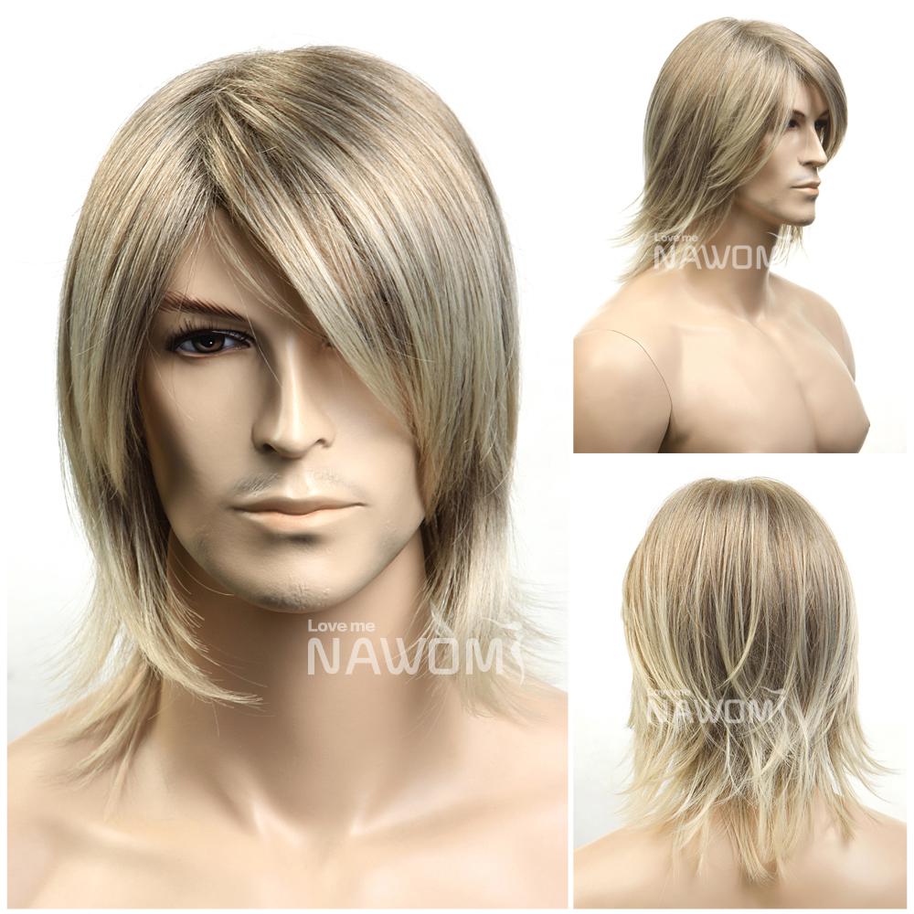 Hot Short Blonde Straight Hair Wig For Men Party /Cosplay / Halloween Wigs Handsome Cool Men Boy Discount Medium long Hair Wigs