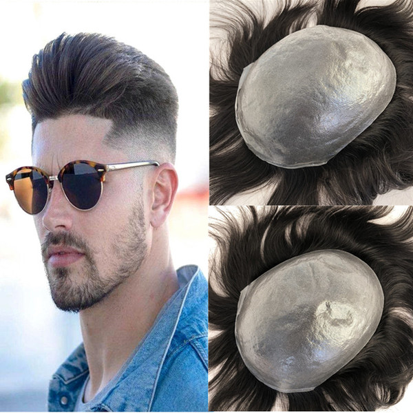 Thin Skin Mens Toupee Full Pu Toupee For Men Naural Black Human Hair Hairpiece Replacement System Men Hair None Lace Toupee Wig