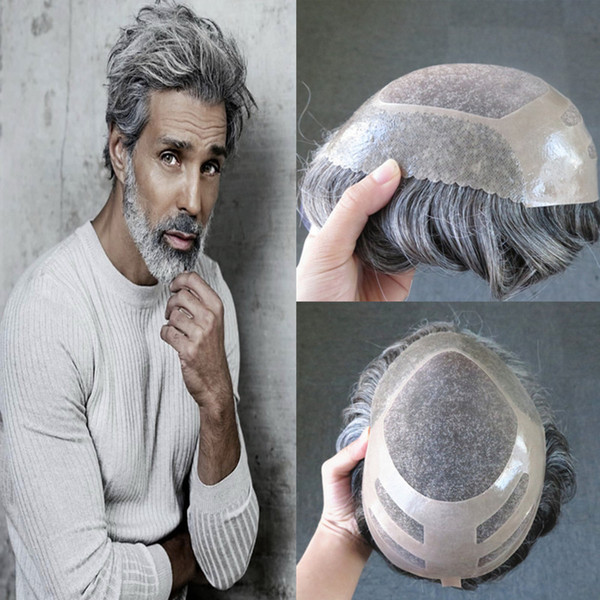 Mix Grey Toupee For Men Fine Mono Center With Poly Front Mens Toupee Hairpieces Replacement System Wave Grey Human Hair Men Wig #1B50