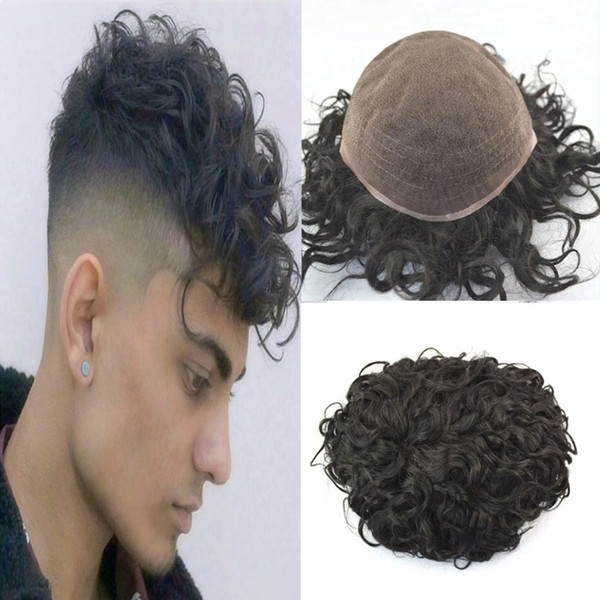 Curly Wave Toupee For Men All French Lace Human Hair Men Toupee Replacement Systems Remy Hair 20mm Wave Full Lace Mens Toupee Hairpiece