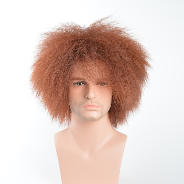 Short Kinky Straight Synthetic Men's Wigs Natural Black Brown Color Heat Resistant None Lace Hairstyle With Bang For Male