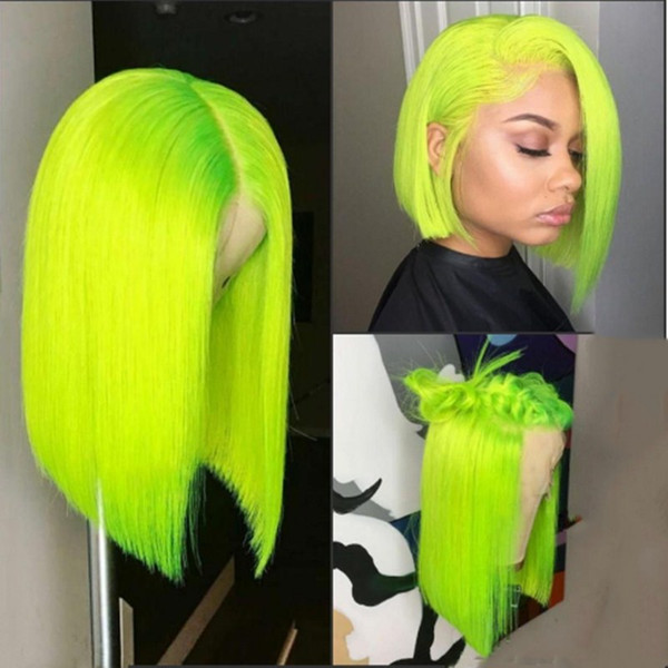 Natural Hairline Soft Swiss Lace Front Wigs 14inch Green Short Bob Wig Heat Resistant Straight Synthetic Cosplay Party Wig For Black Women