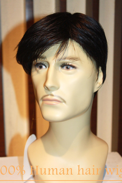 100% Real Natural human Hair Men Short wigs Full Virgin Black Wig Hairpiece Toupee RJ-412