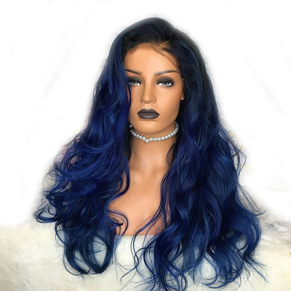 180% Density Ombre Blue Wig Black Root Heat Resistant Glueless Full Density Lace Front Wig Baby Hair Synthetic Body Wave Wigs For Women