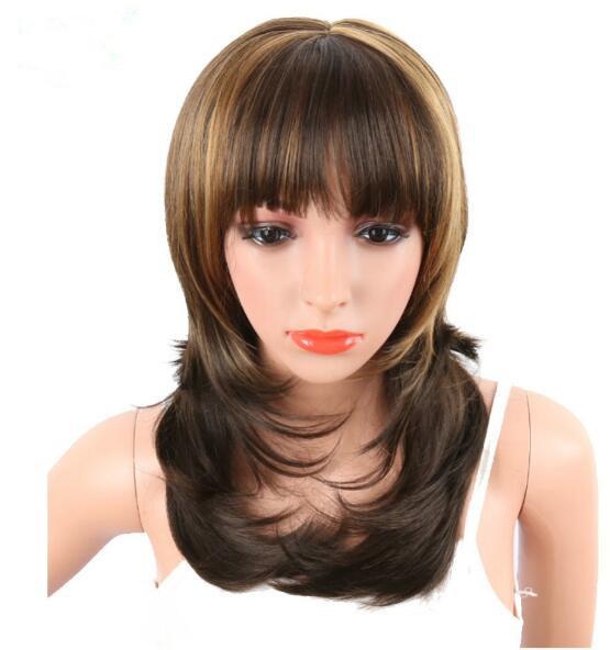 Synthetic Women's Wavy Wigs Brown Mix Blonde Color Naturally African American Hair With Bangs 20inch Heat Resistant Wig