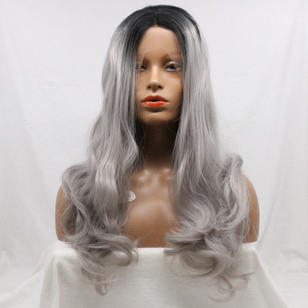 Synthetic Wigs With Baby Hair Silver Grey Hair Long Wavy Hairstyle White Gray Color Perruque Synthetic Lace Front Wig