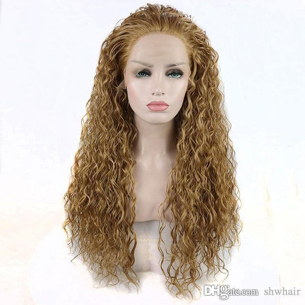 Dark Blonde Synthetic Wigs Curly With Baby Hair Light Blonde 180 Density Cheap Water Wave Synthetic Lace Wig Blonde Heat Resistant Fiber