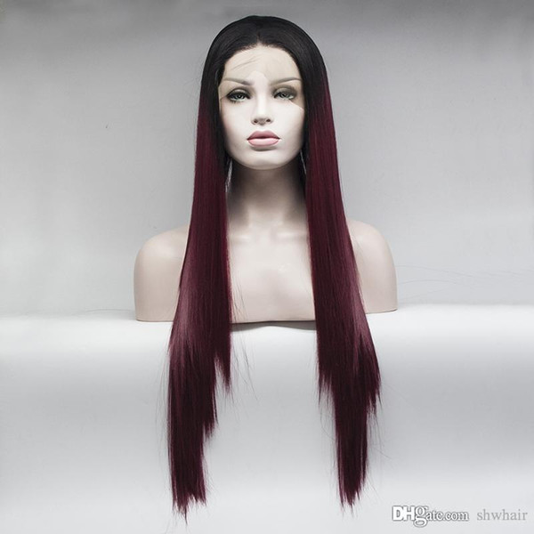 Burgundy Wig Synthetic Lace Front Heat Resistant Fiber Dark Roots Ombre Wine Red Burgundy Ombre Middle Part Straight Lacefront Wigs