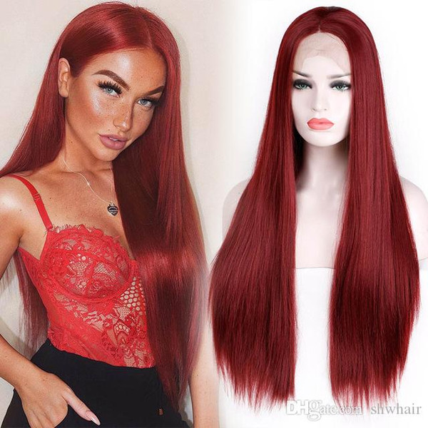 Red Synthetic Lace Front Wig With Baby Hairs Long Straight Glueless Dark Wine Red Synthetic Lace Wigs Heat Resistant Fiber Middle Part