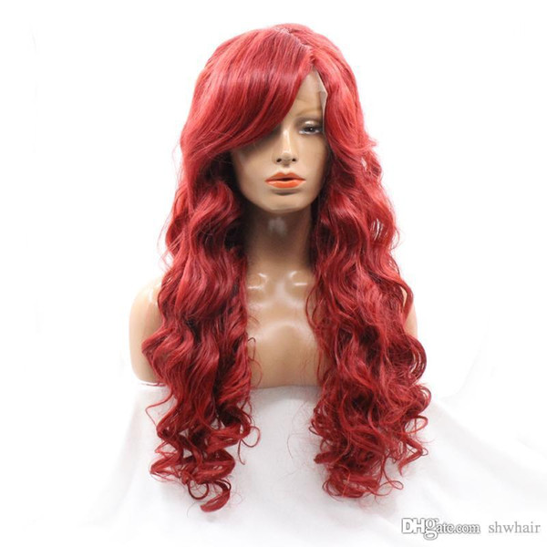 Red Synthetic Lace Front Wig With Bangs Long Body Wave Heat Resistant Fiber Color Red Synthetic Wigs With Side Bangs