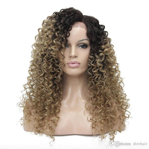 Long Curly Brown Synthetic Wig Ombre For Black Women Glueless Synthetic Lace Front Wigs Ombre Kinky Curly Side Part