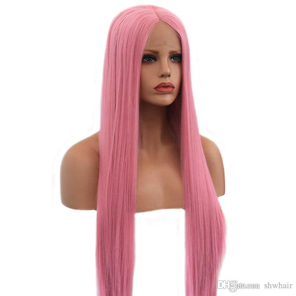 Straight Hair Lace Front Wigs with Natural Hairline Pink Color High Temperature Fiber Synthetic Lacefront Wig for White Women