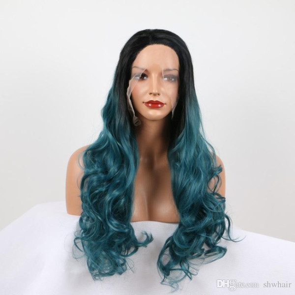 Lace Front Ombre Wigs Green Colored Long Super Wave Heat Resistant Synthetic Cosplay Party Ombre Green Lacefront Wig For Women