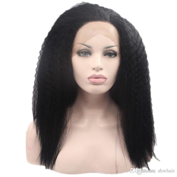 Kinky Straight Synthetic Wigs With Baby Hair High Temperature Fiber 180 Density Glueless Synthetic Kinky Straight Lace Front Wig Black Women