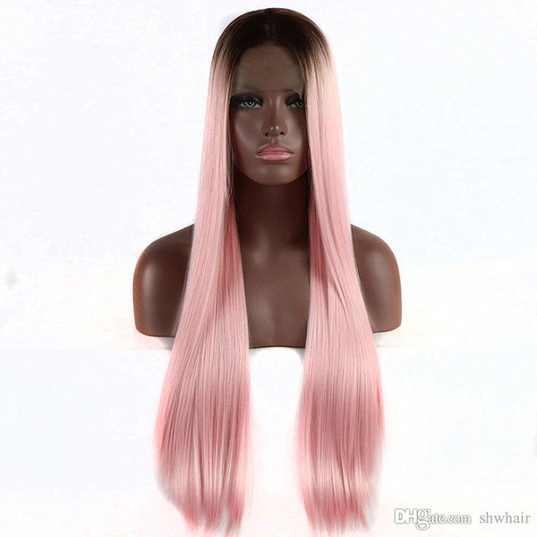 Synthetic Ombre Lace Front Wigs For Balck Women Dark Root Color Pink Silky Straight Soft Pink Heat Resistant Fiber Hair Synthetic Cheap Wig