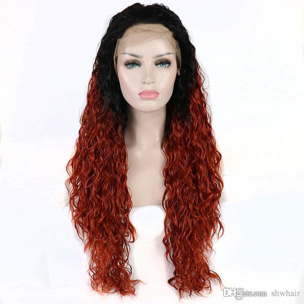 Curly Synthetic Lace Front Wigs Ombre Black Red 180 Density Lacefront Heat Resistant Fiber Red Synthetic Wig For White Women