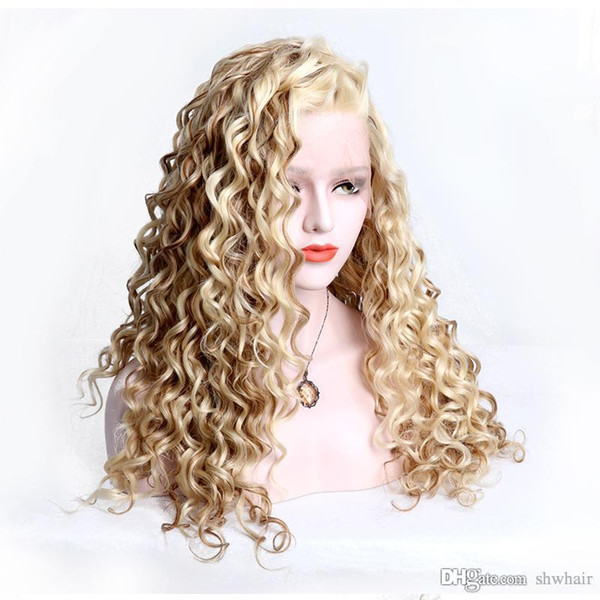 Curly Blonde Synthetic Wig Heat Resistant Fiber For White Women Synthetic Blonde Color Lace Front Synthetic Wigs Curly Mixed Color