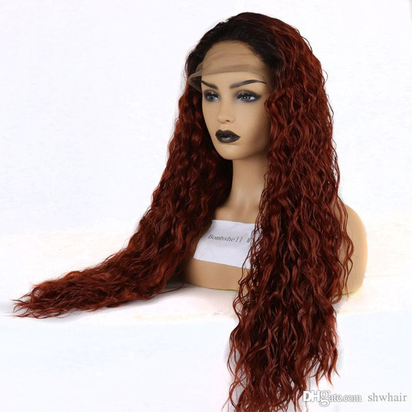 Bouncy Curly Hand Tied Synthetic Ombre Lace Front Wig Black Roots Ombre Orange Red Heat Resistant Fiber Synthetic Wigs For White Women