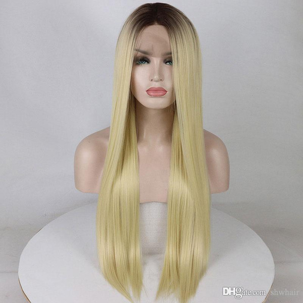 Long Blonde Synthetic Wigs Ombre Dark Brown Roots Heat Resistant Straight Ombre Blonde Synthetic Lace Front Wig Hair For Black Women