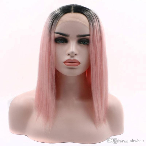 Ombre Lace Front Wig Synthetic Black Roots Ombre Pink Short Bob Straight Lace Front Synthetic Wigs Heat Resistant Fiber Natural Hairline